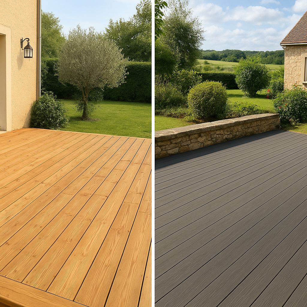 Comparatif visuel entre une terrasse en bois naturel et une terrasse en composite