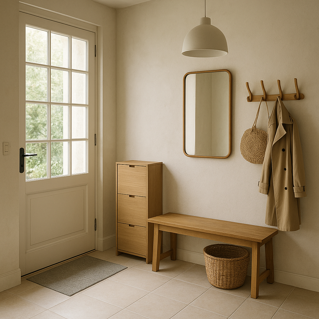 Entrée de maison fonctionnelle avec rangements, banc et miroir