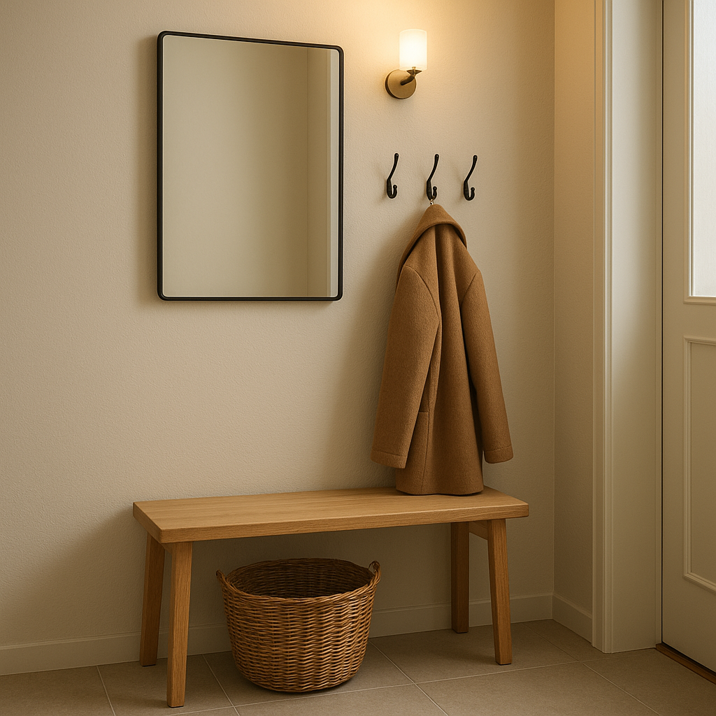 Entrée optimisée avec peu de budget grâce à des rangements et à un miroir