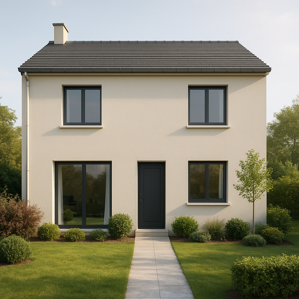 Façade de maison rénovée avec enduit clair et menuiseries modernes