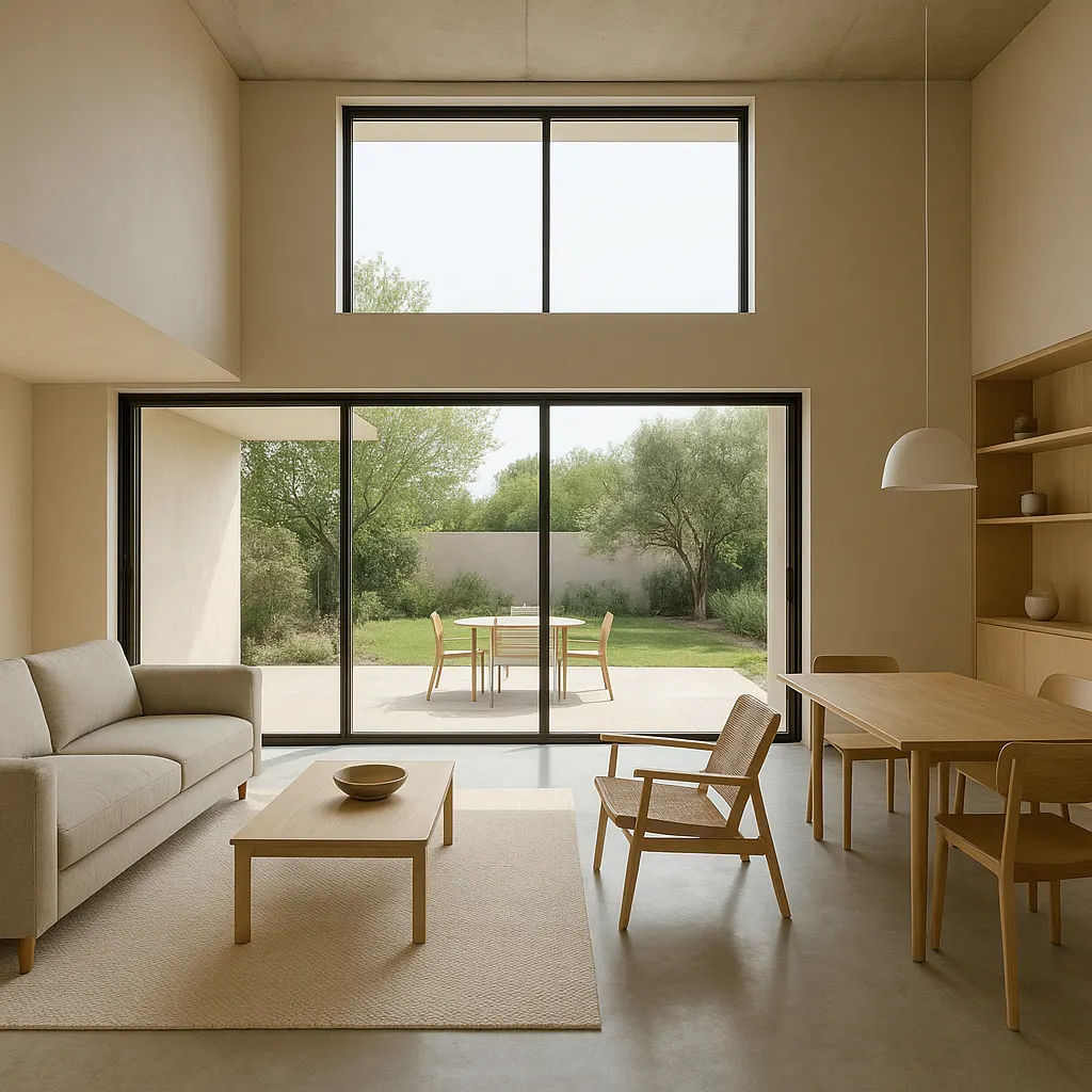 Intérieur lumineux d’une maison contemporaine avec grandes ouvertures
