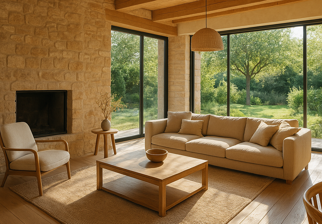 Intérieur lumineux d’une maison contemporaine française ouvert sur le jardin