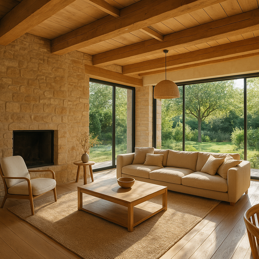 Intérieur lumineux d’une maison contemporaine française ouvert sur l’extérieur