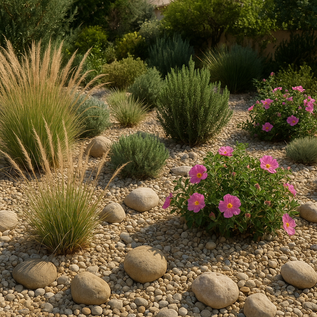 Jardin sec avec plantes adaptées au climat français