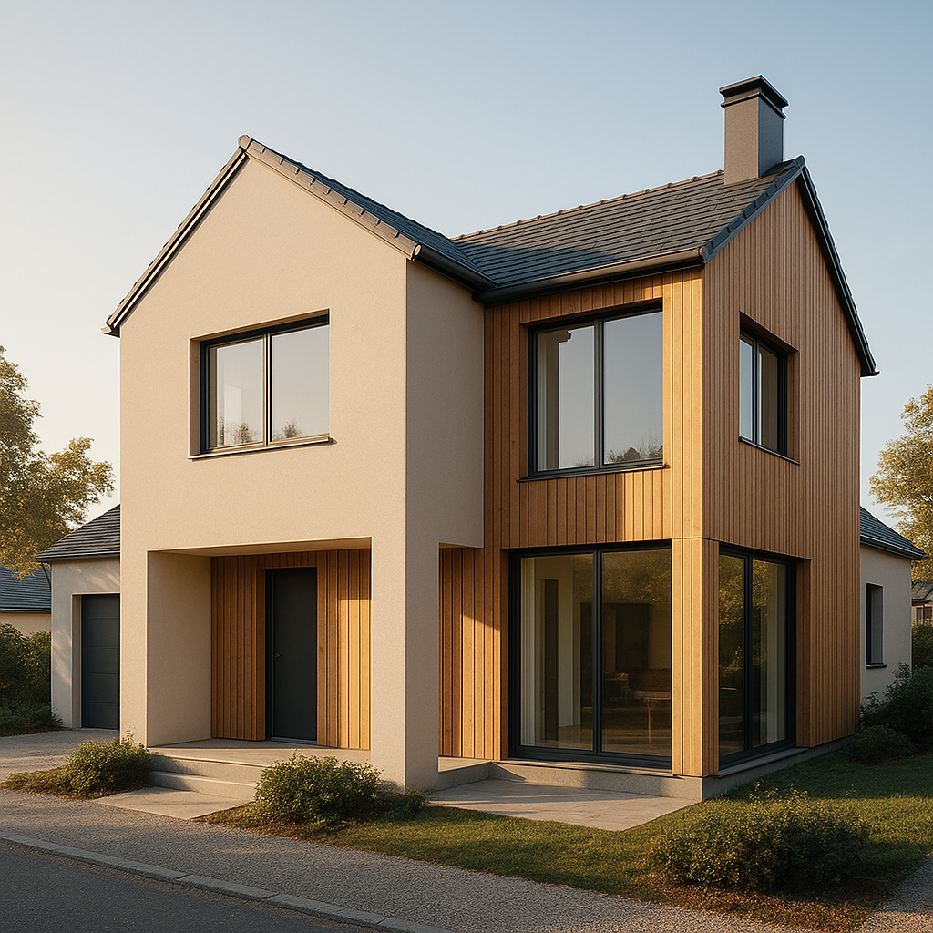 Maison contemporaine française avec grandes ouvertures et matériaux naturels
