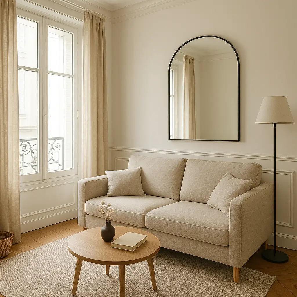 Petit salon lumineux avec couleurs claires et mobilier compact