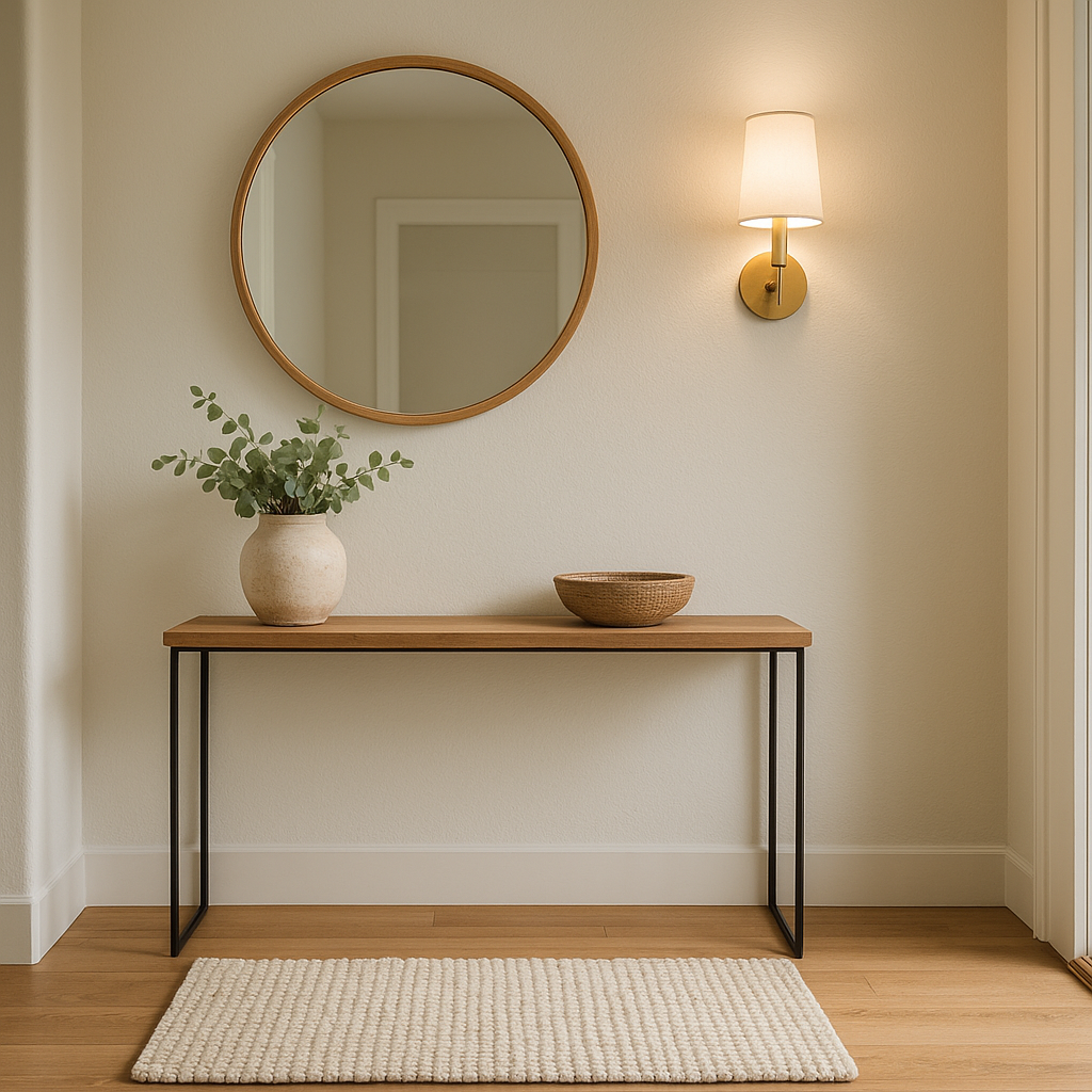 Petite entrée chaleureuse avec miroir et éclairage doux