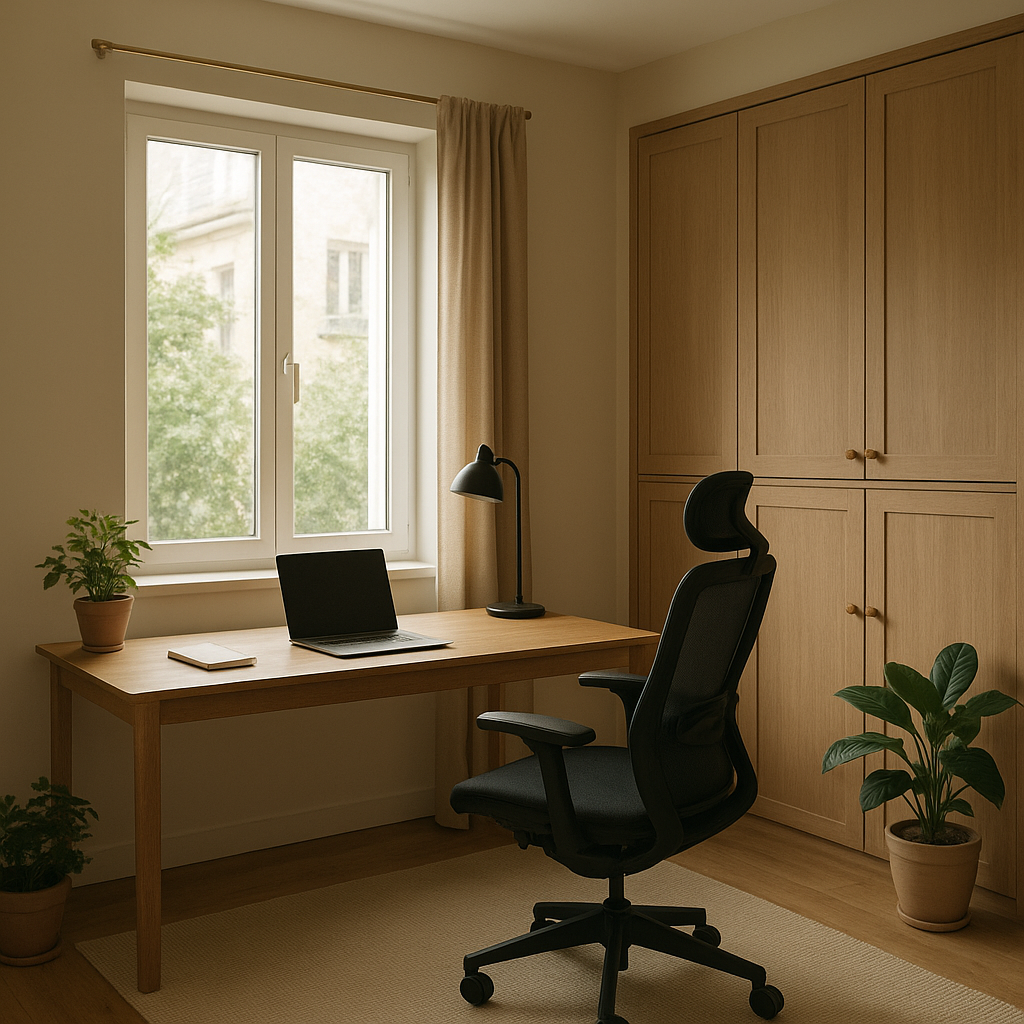 Pièce dédiée au bureau à la maison avec lumière naturelle et rangements fermés