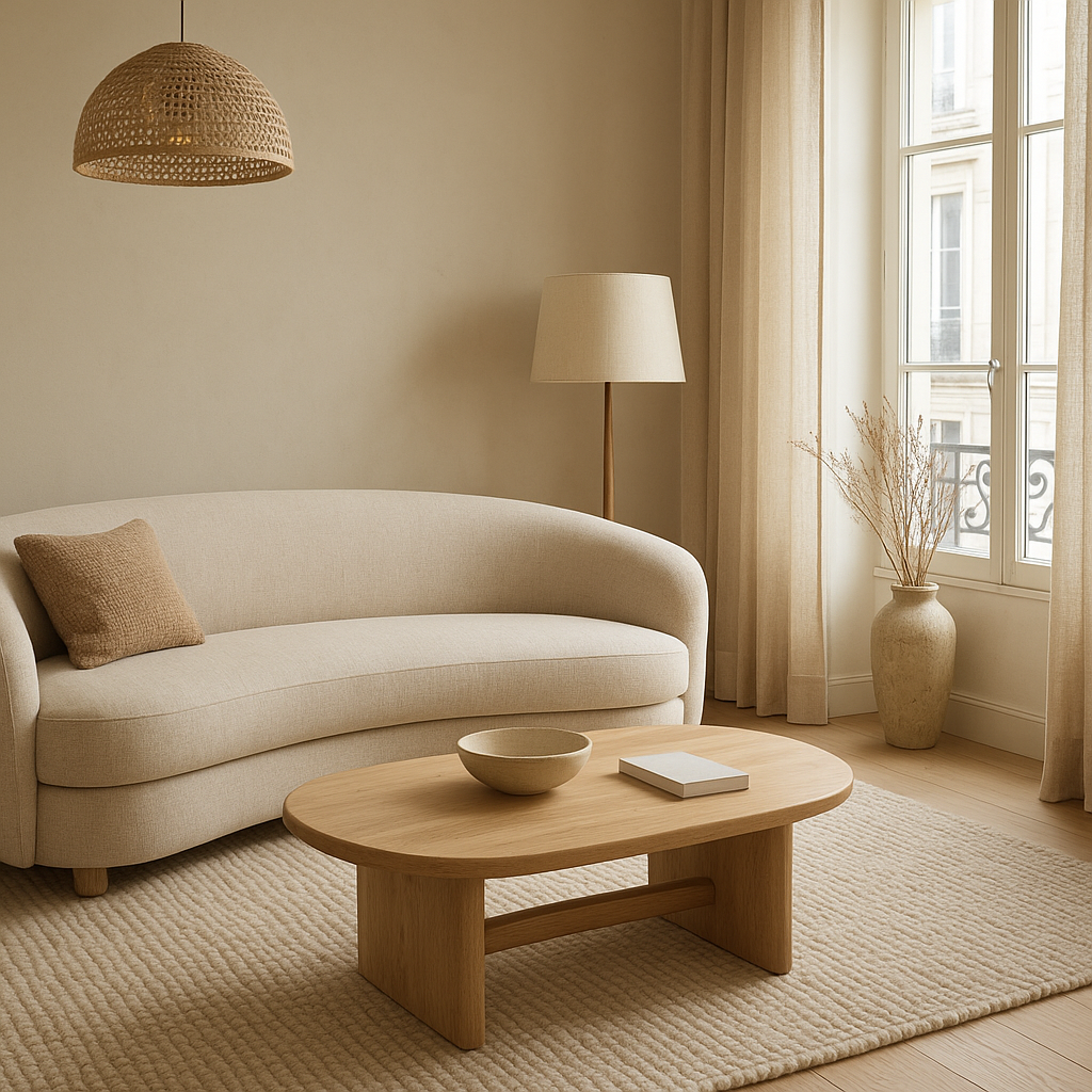 Salon contemporain avec mobilier tendance 2026 aux formes douces et matières naturelles