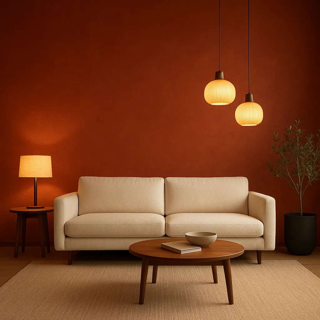 Salon moderne avec contraste de couleurs réussi et ambiance chaleureuse