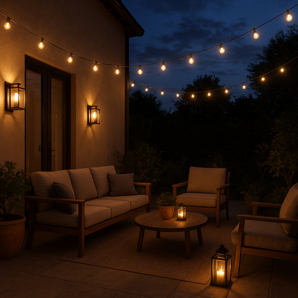 Terrasse de maison avec un éclairage extérieur chaleureux et bien réparti
