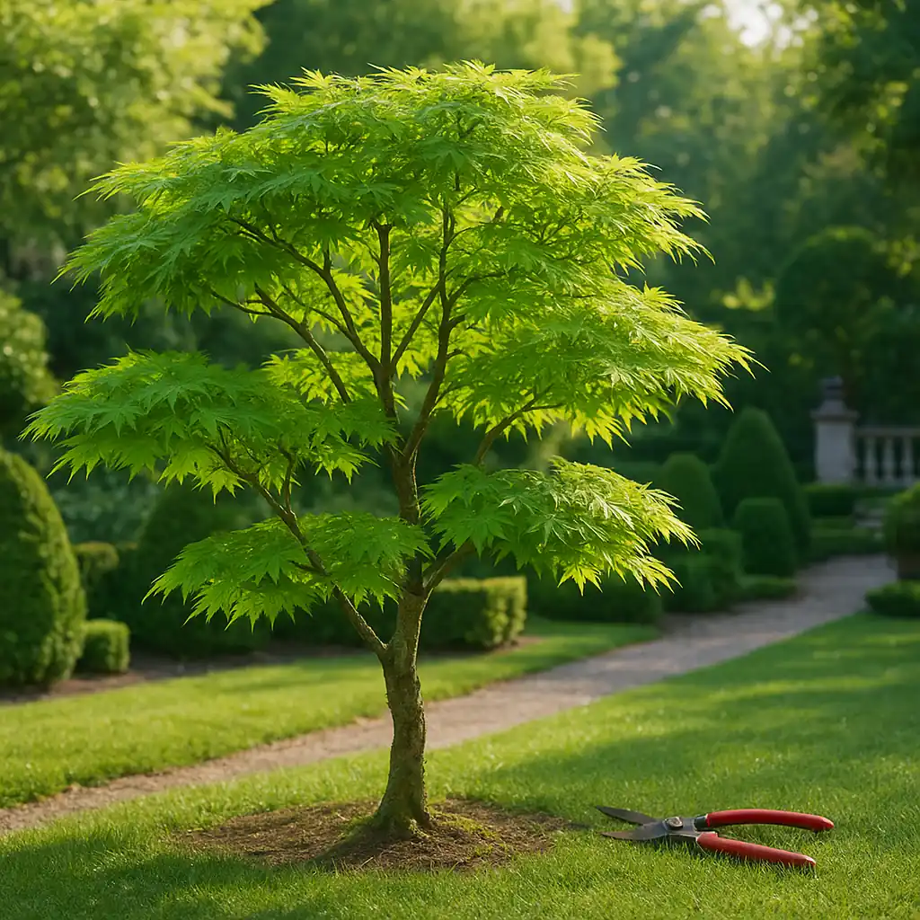 Entretien saisonnier d’un érable du Japon dans un jardin
