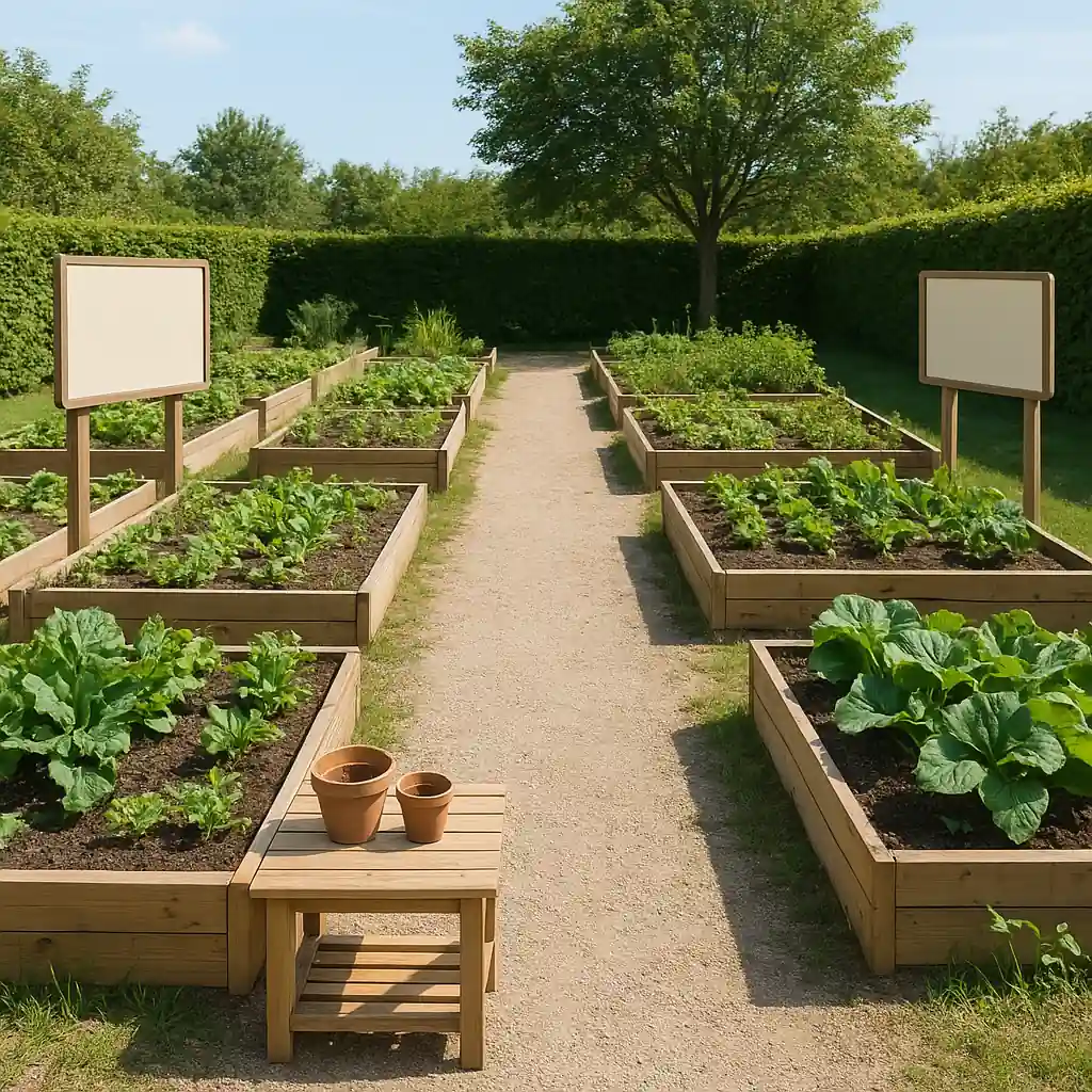 Exemple d’organisation d’un jardin pédagogique avec bacs, allée et zone de travail