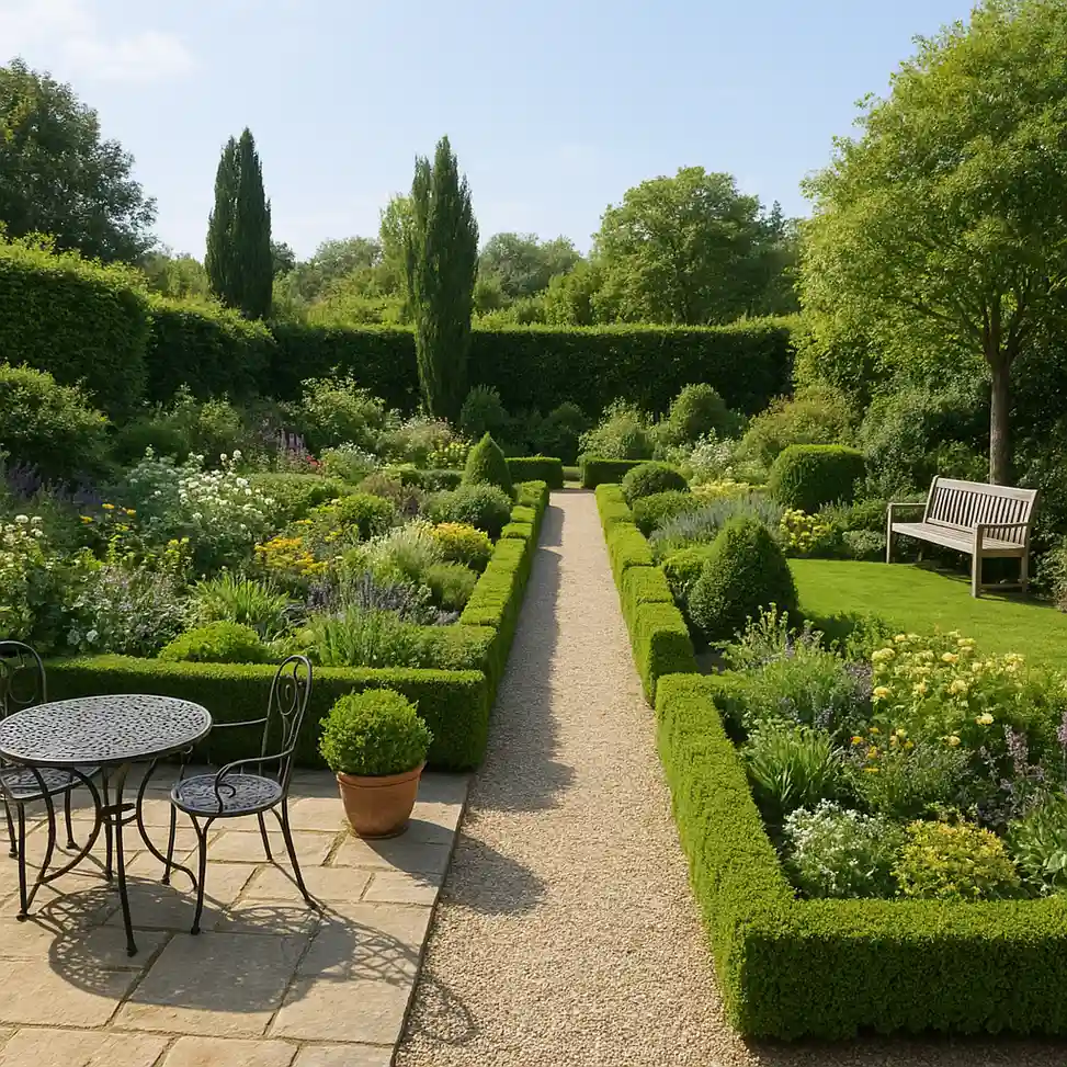 Jardin structuré avec différentes zones de vie extérieures
