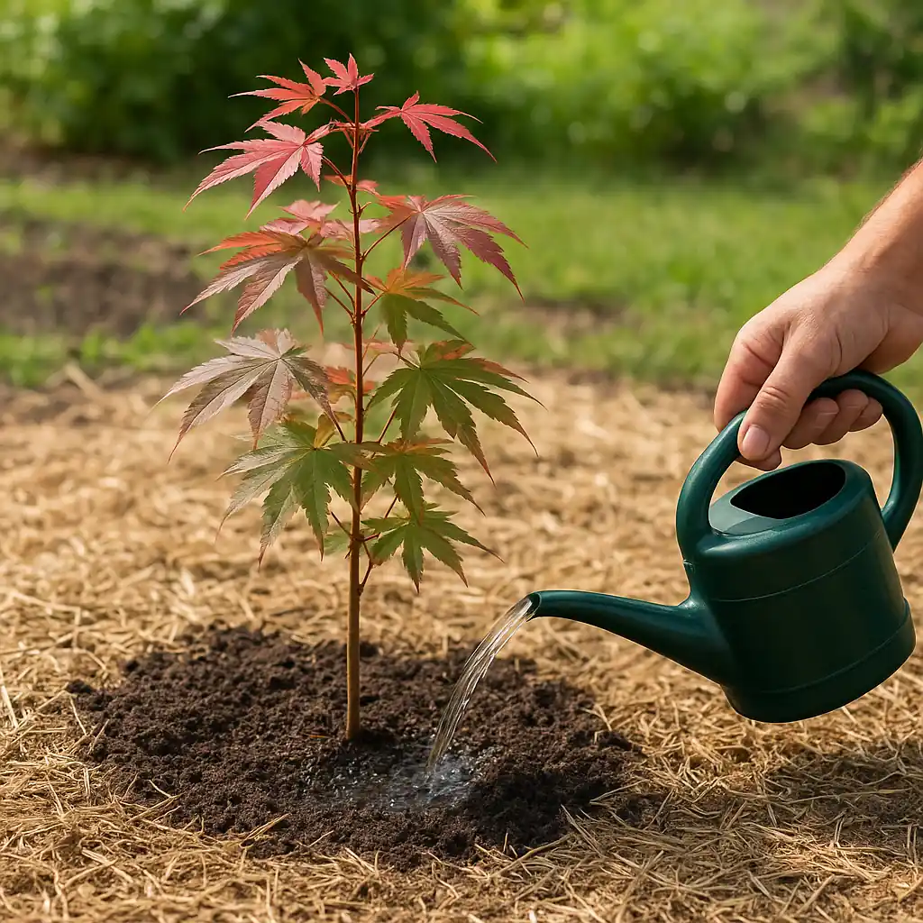 Plantation d’un érable du Japon dans un massif paillé