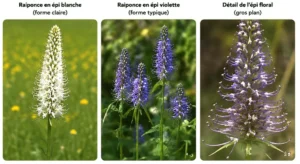 Raiponce en épi blanche et violette, Gros plan sur des graines de raiponce et des jeunes pousses en pot