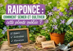 Jeune plant de raiponce en pot posé sur une table de jardin ensoleillée