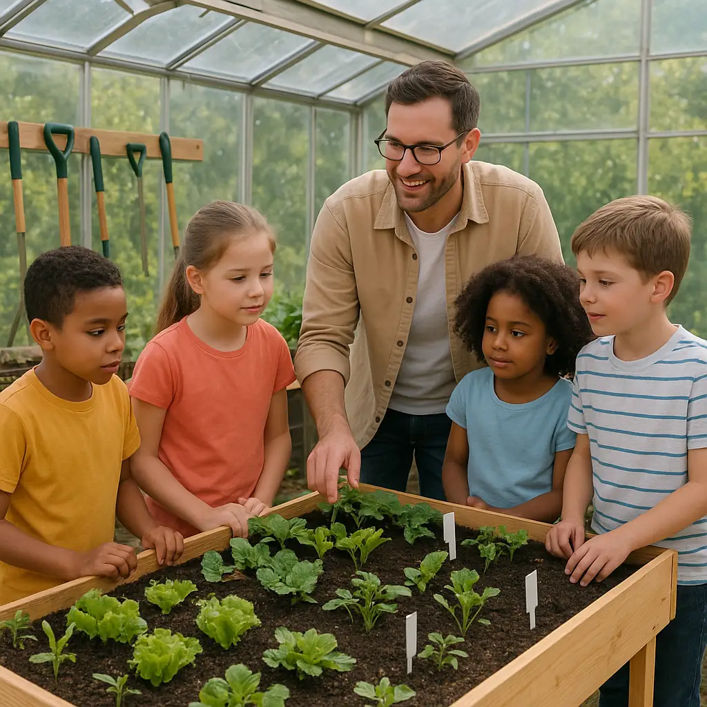 Serre pédagogique lumineuse avec enfants observant des cultures