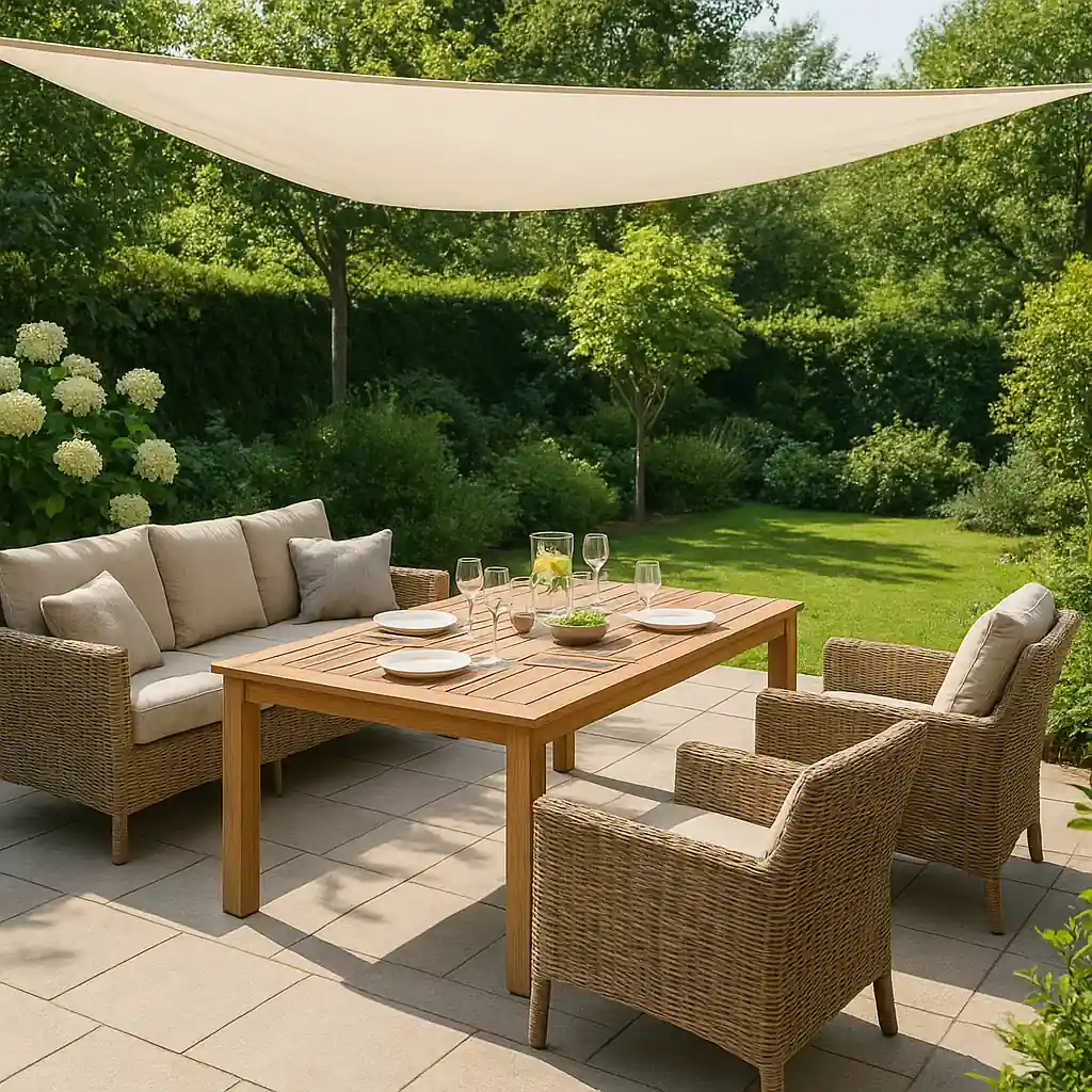 Terrasse aménagée avec mobilier et ombrage pour profiter du jardin